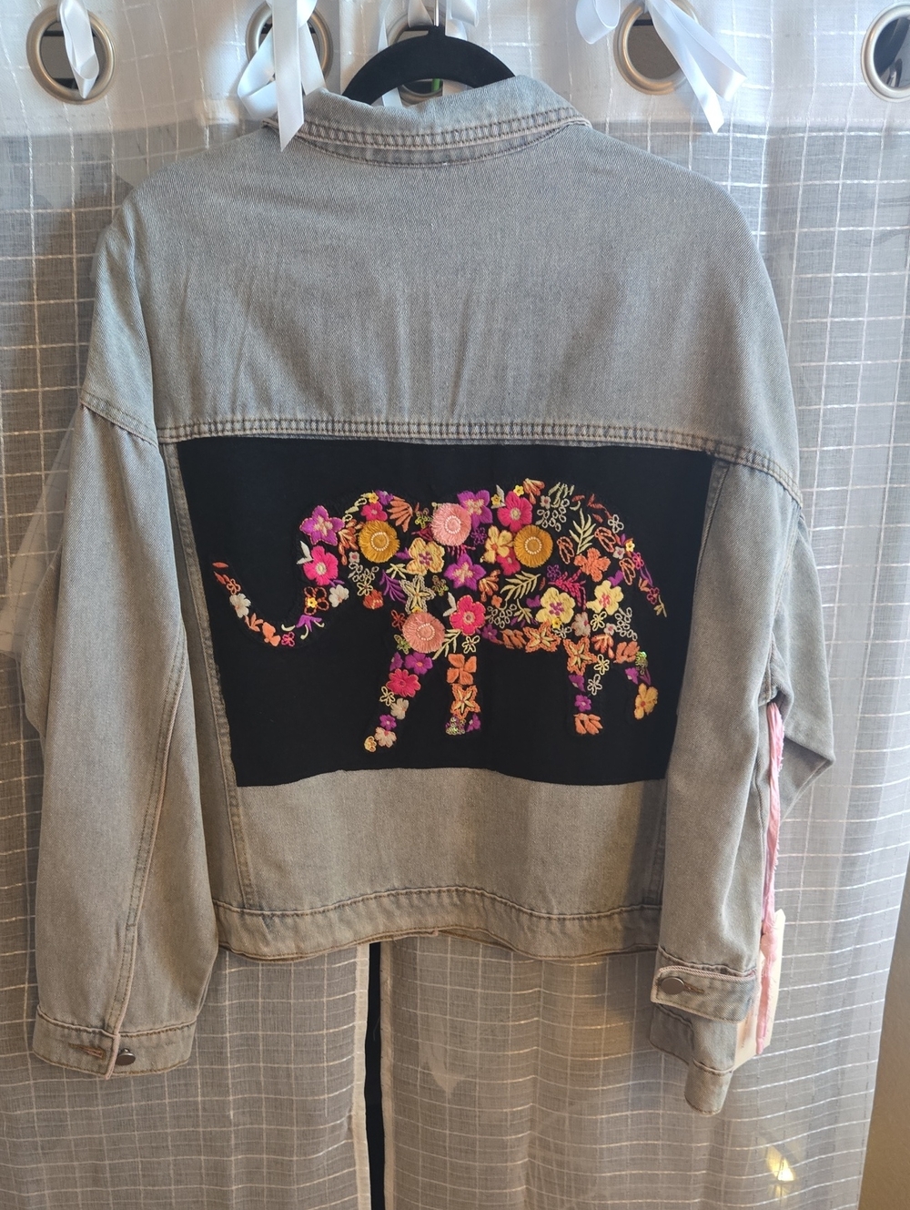 Savanna Jane Gray Denim Jacket with Floral Elephant Patch
